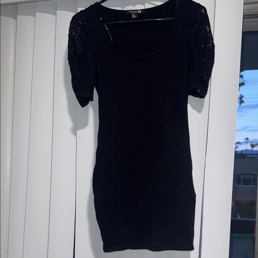 Forever 21 Black Scoop-Neck Knit Mini Dress with Lace Sleeves